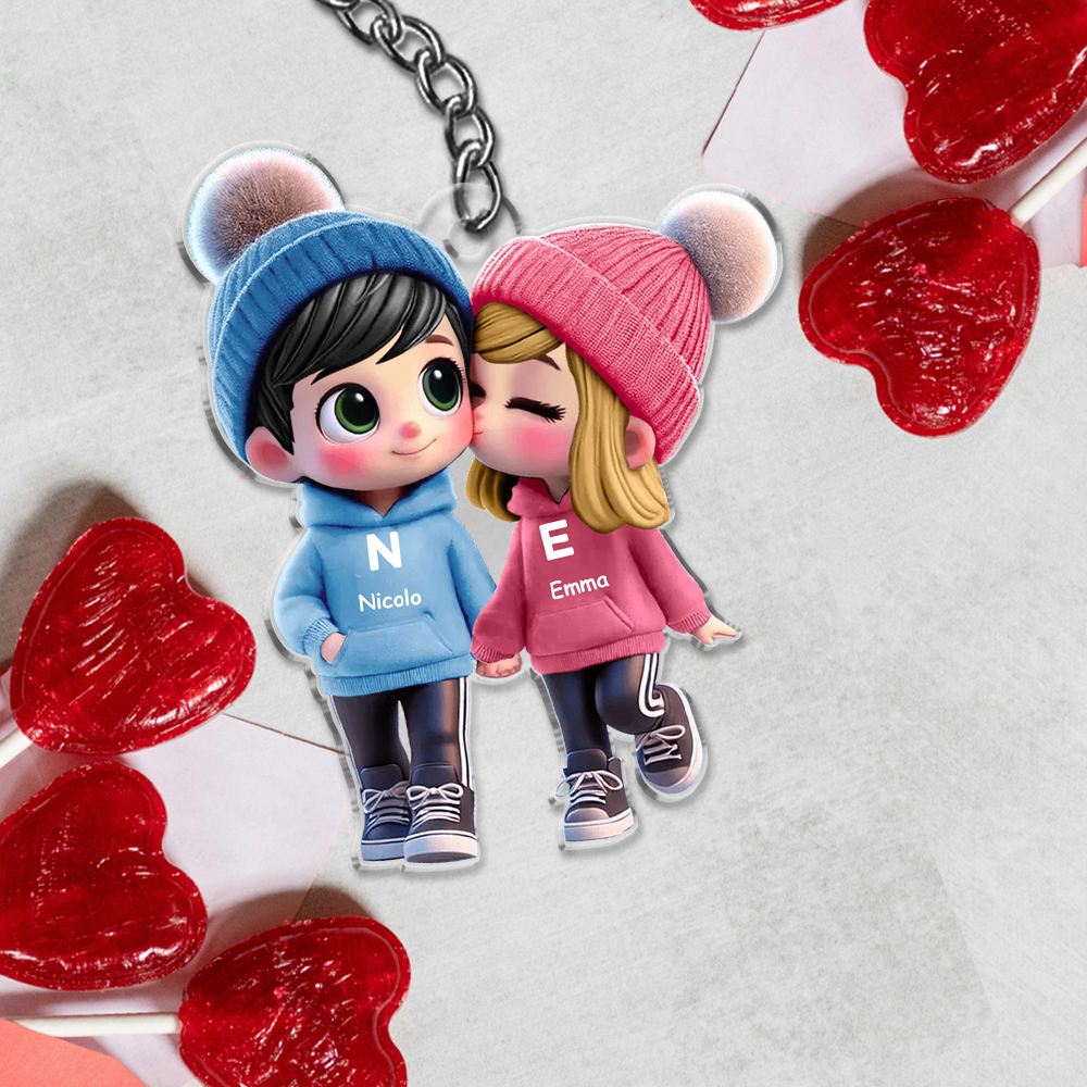 Portachiavi Personalizzato con Coppia Cartoon, 2 Nomi, Iniziali e Personaggi - Regalo di San Valentino per Lei/Lui | Jessemade
