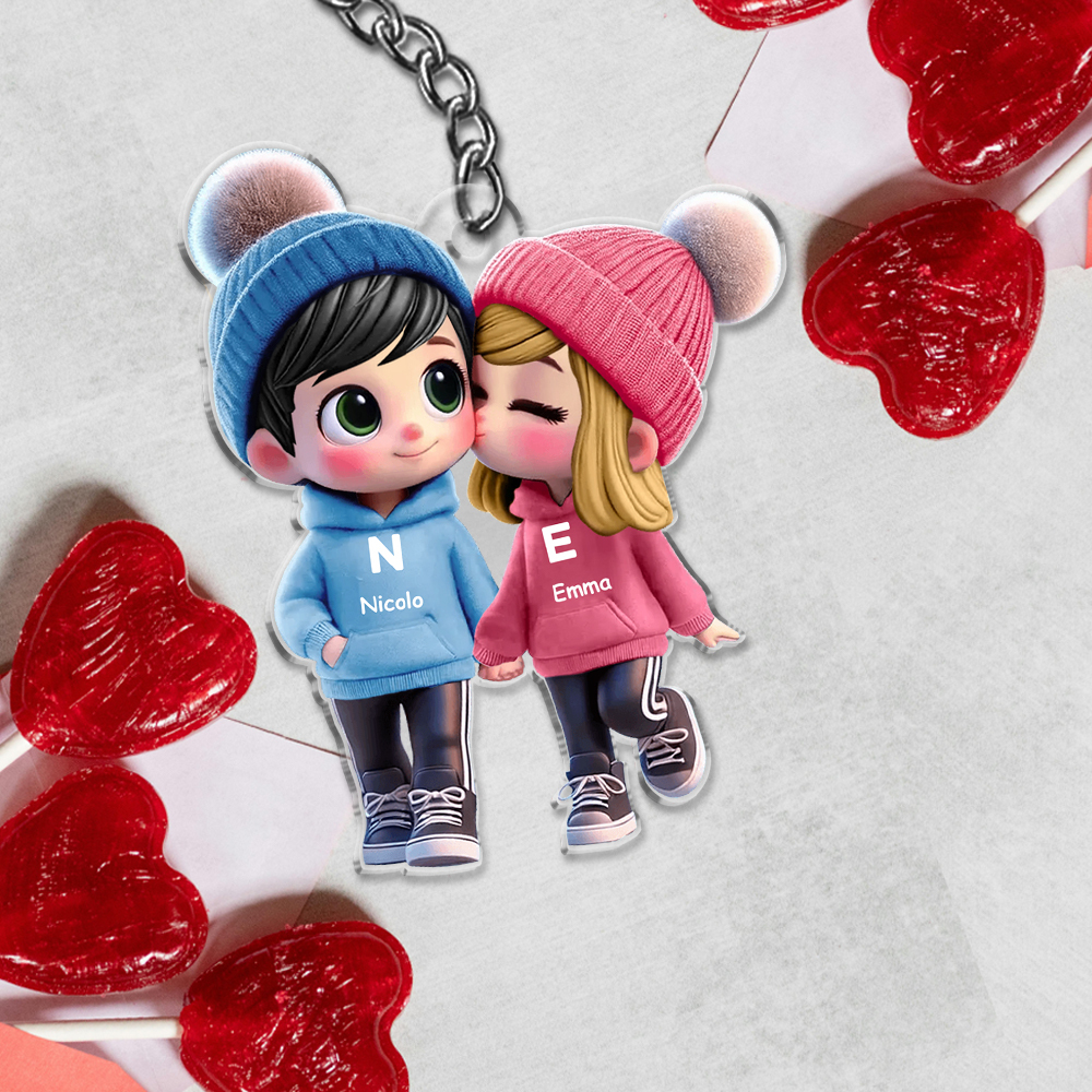 Portachiavi Personalizzato con Coppia Cartoon, 2 Nomi, Iniziali e Personaggi - Regalo di San Valentino per Lei/Lui | Jessemade