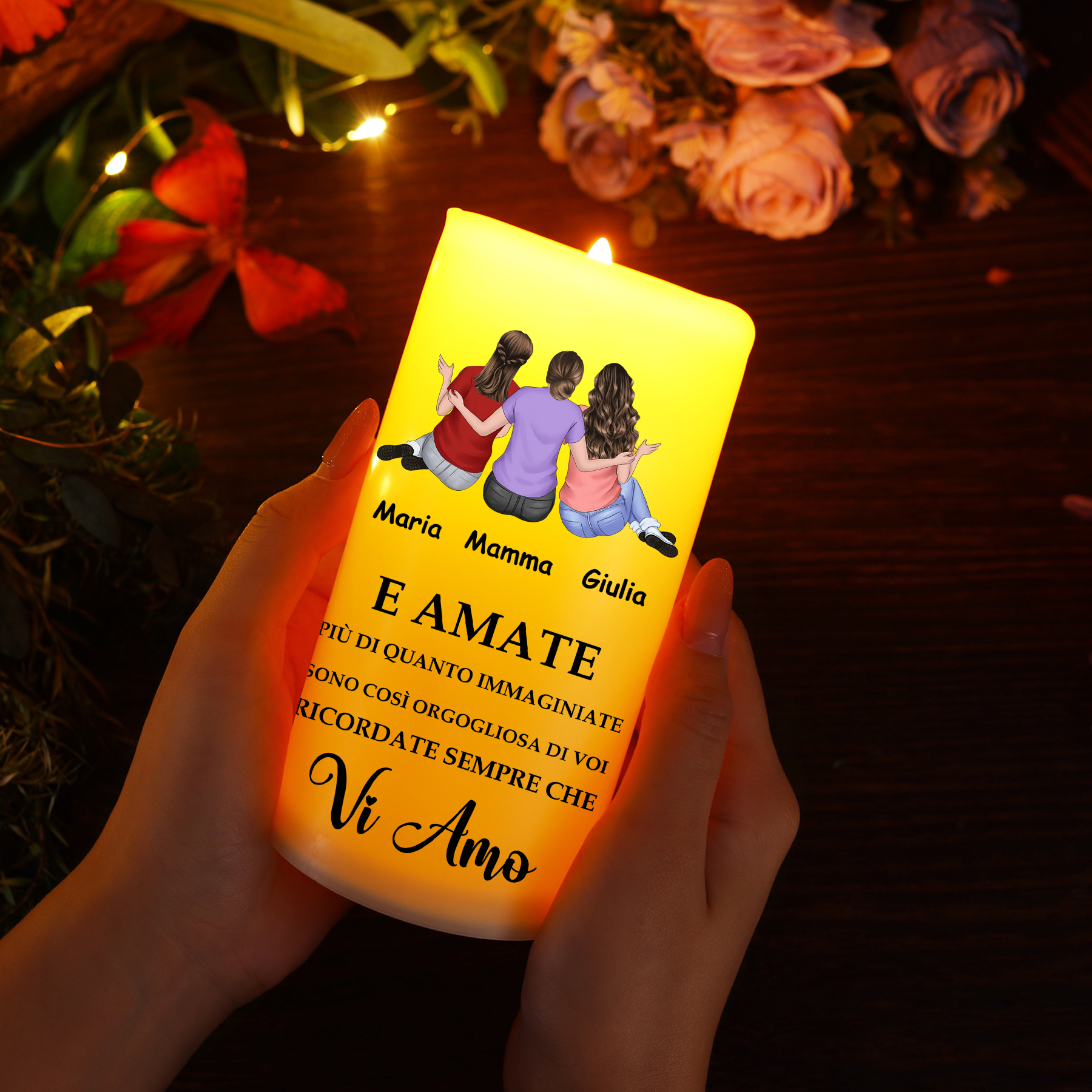 Candela LED Personalizzata – Con 2-4 Figure e Nomi – Regalo Speciale per la Festa della Mamma