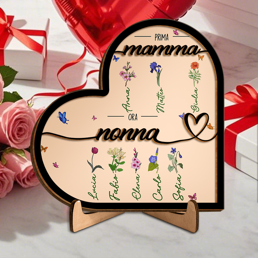 Oggetto decorativo in legno a forma di cuore personalizzabile - Con nome e fiore del mese di nascita - Regalo per la Festa della Mamma