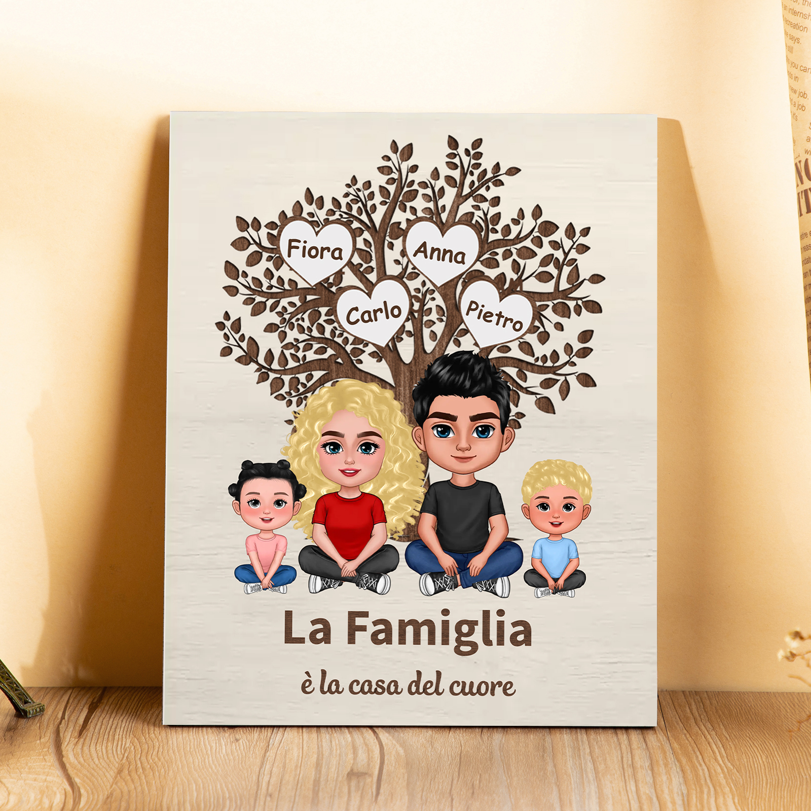 Dipinto personalizzato con albero genealogico - 2-7 nomi e personaggi personalizzati - Decorazioni in legno squisite per la mamma