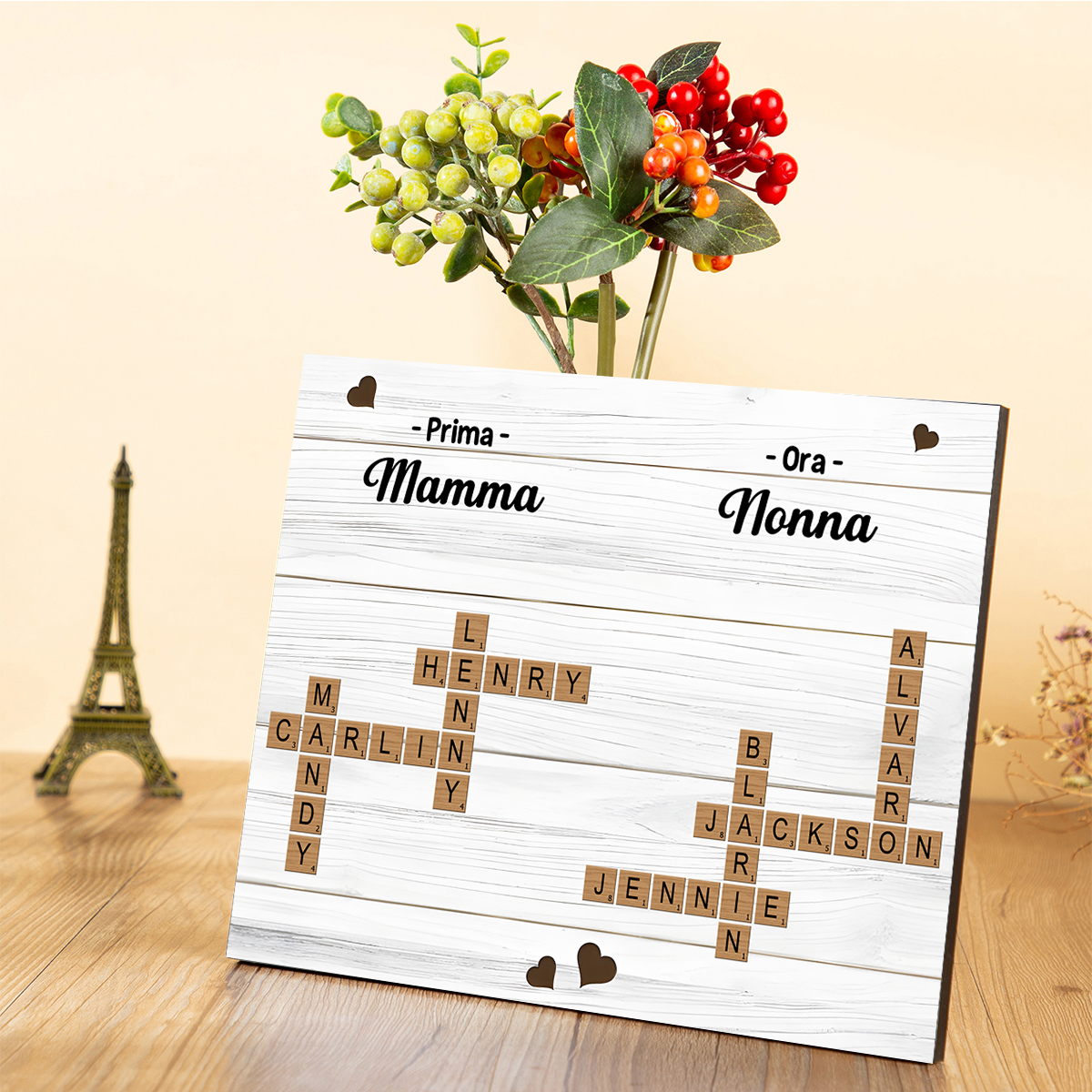 Targa in legno personalizzata, regalo di famiglia con cruciverba, ricordo per la nonna