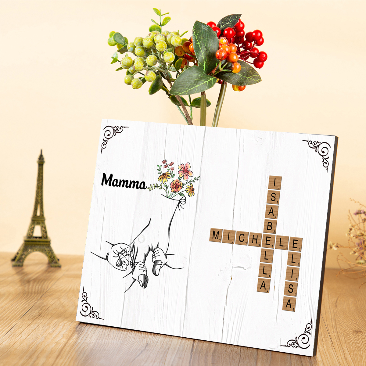 Targa Legno Personalizzata con Nomi e Mani – Regalo Commovente per la Festa della Mamma