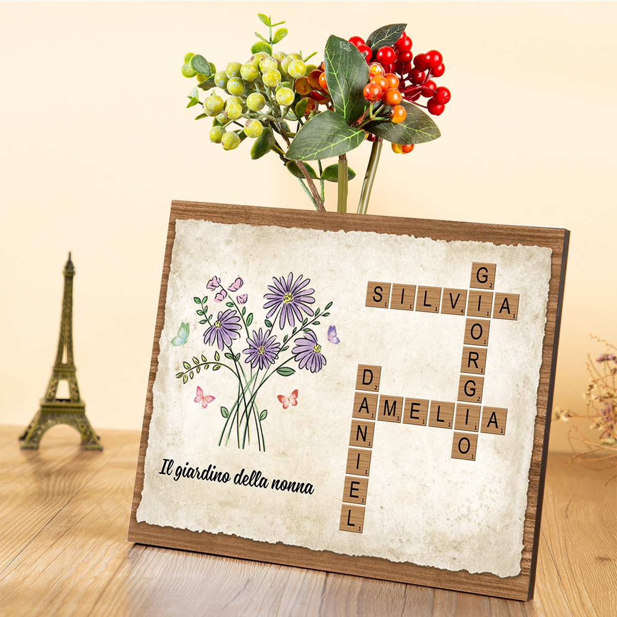Targa in Legno Personalizzata – Nomi e Fiori di Nascita – Tema Cruciverba – Idea Regalo per la Nonna o Festa della Mamma