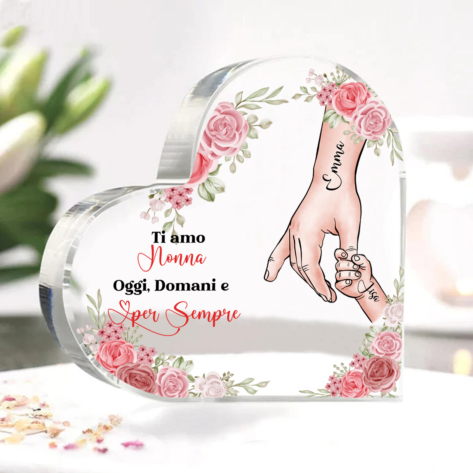 Decorazione Acrilica a Forma di Cuore Mano nella Mano Personalizzata – 2 Nomi e Testo per Nonna o Mamma | Jessemade