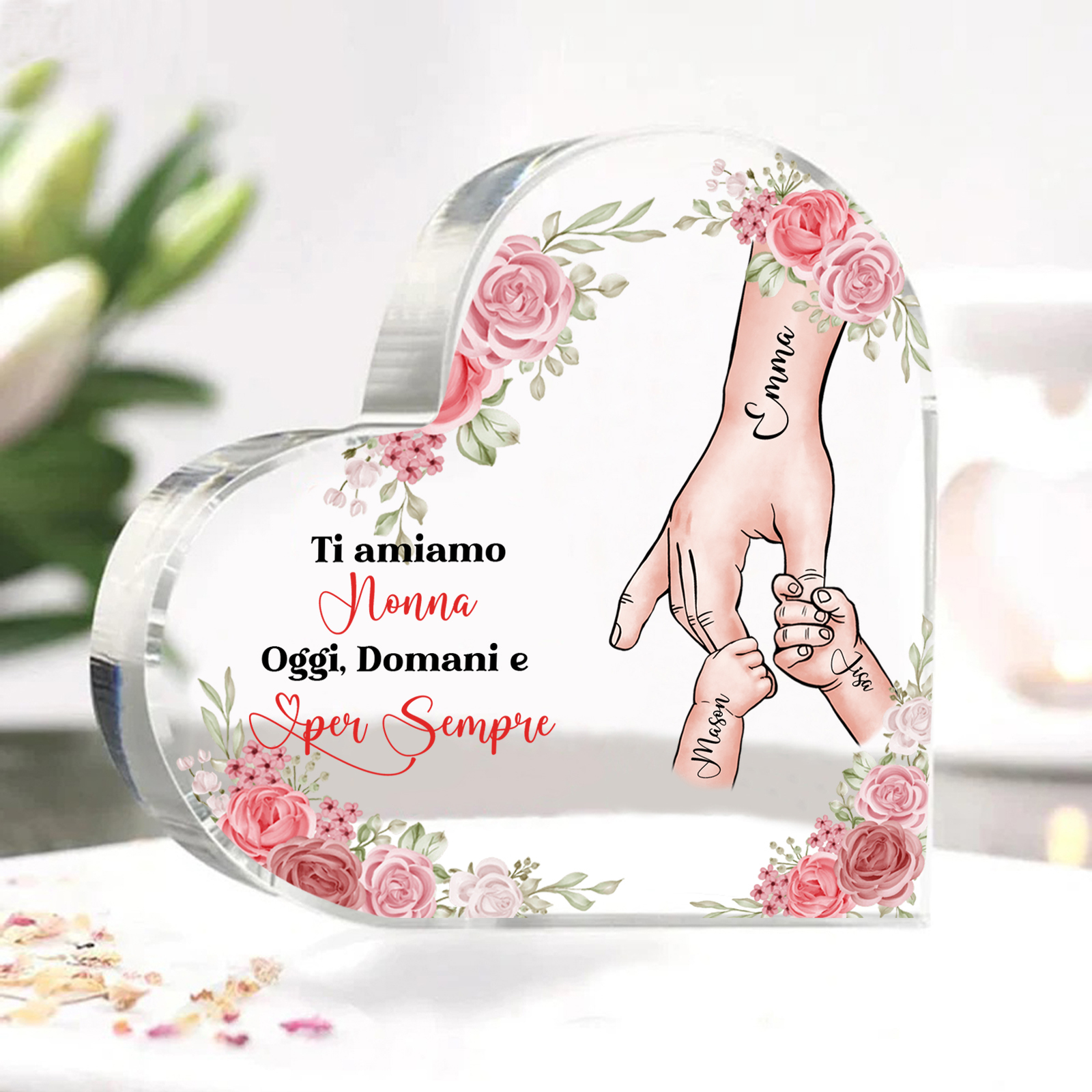 Decorazione Acrilica a Forma di Cuore Mano nella Mano Personalizzata – 3 Nomi e Testo per Nonna o Mamma | Jessemade