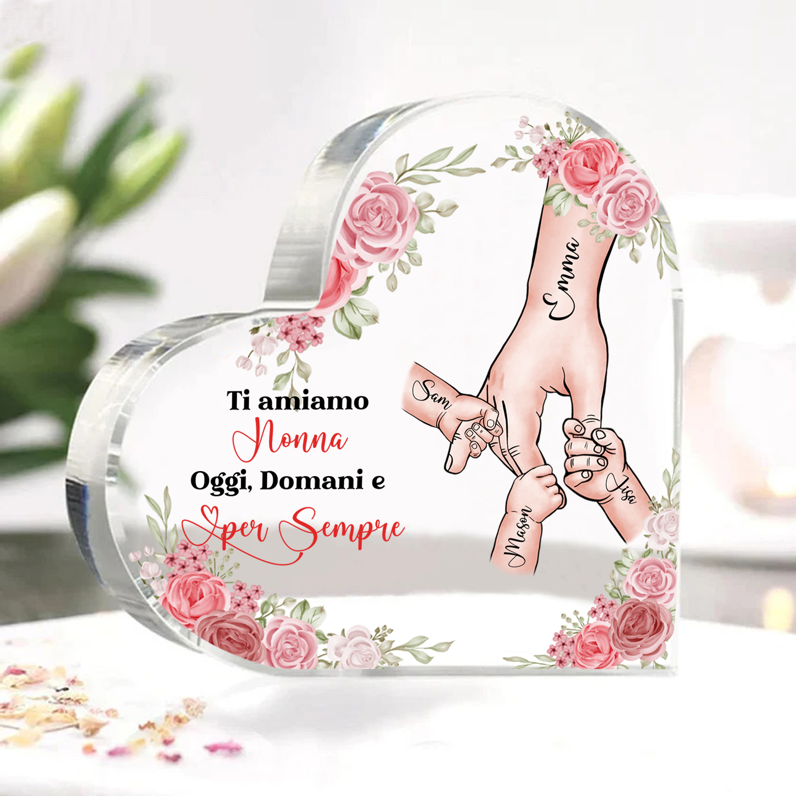 Decorazione Acrilica a Forma di Cuore Mano nella Mano Personalizzata – 4 Nomi e Testo per Nonna o Mamma | Jessemade