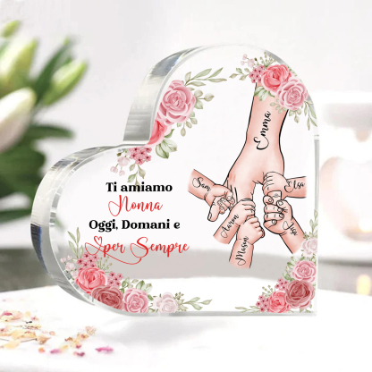Decorazione Acrilica a Forma di Cuore Mano nella Mano Personalizzata – 6 Nomi e Testo per Nonna o Mamma | Jessemade