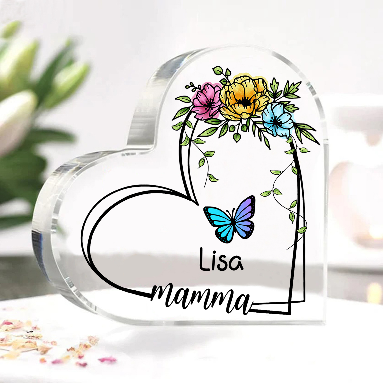 Decorazione Acrilica a Forma di Cuore Personalizzata con Farfalla – 1 Nome e Testo per Nonna o Mamma | Jessemade