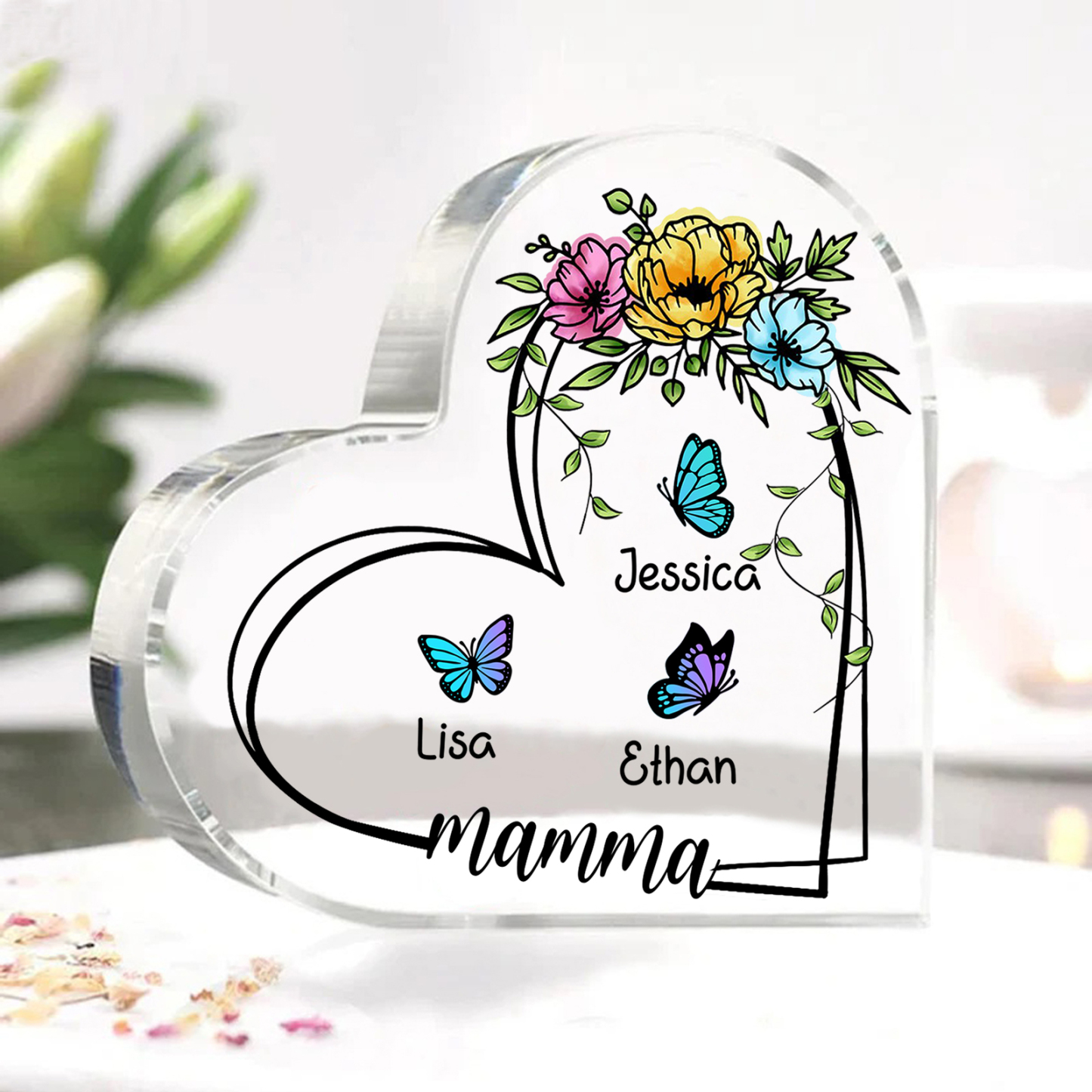 Decorazione Acrilica a Forma di Cuore Personalizzata con Farfalla – 3 Nomi e Testo per Nonna o Mamma | Jessemade