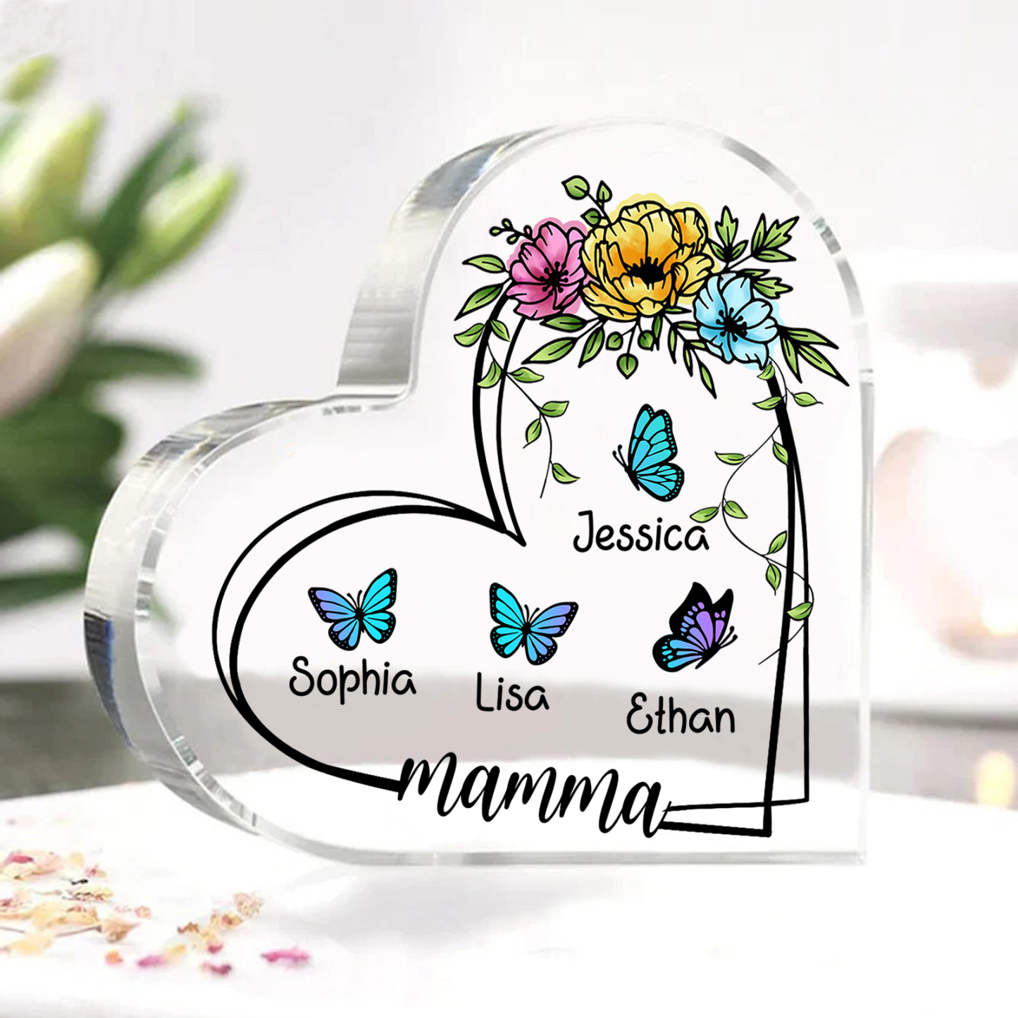 Decorazione Acrilica a Forma di Cuore Personalizzata con Farfalla – 4 Nomi e Testo per Nonna o Mamma | Jessemade