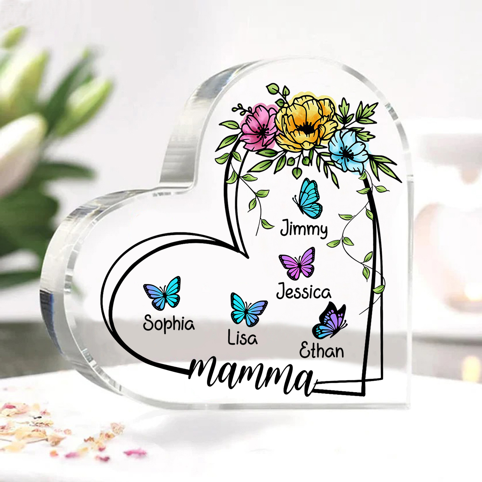 Decorazione Acrilica a Forma di Cuore Personalizzata con Farfalla – 5 Nomi e Testo per Nonna o Mamma | Jessemade