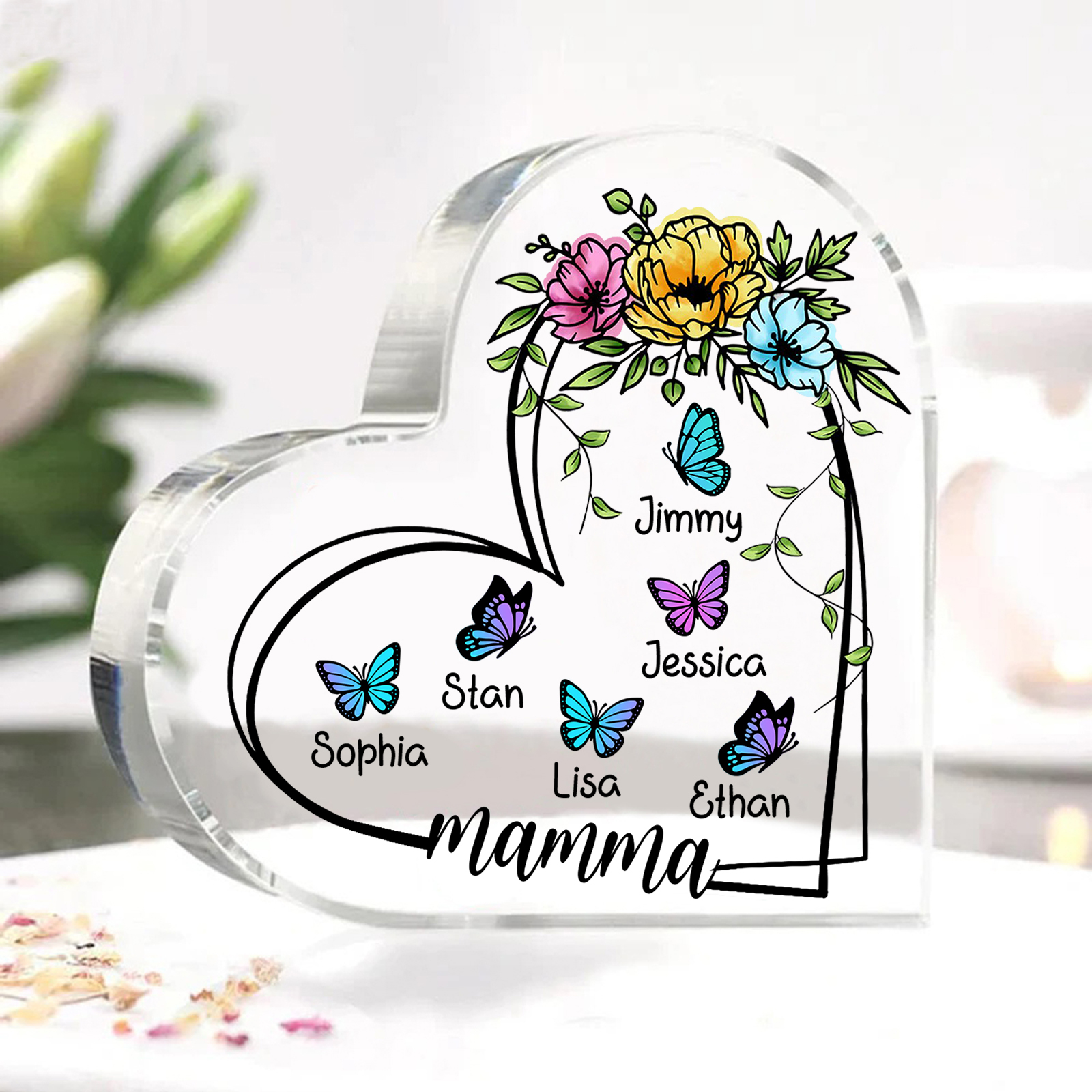 Decorazione Acrilica a Forma di Cuore Personalizzata con Farfalla – 6 Nomi e Testo per Nonna o Mamma | Jessemade