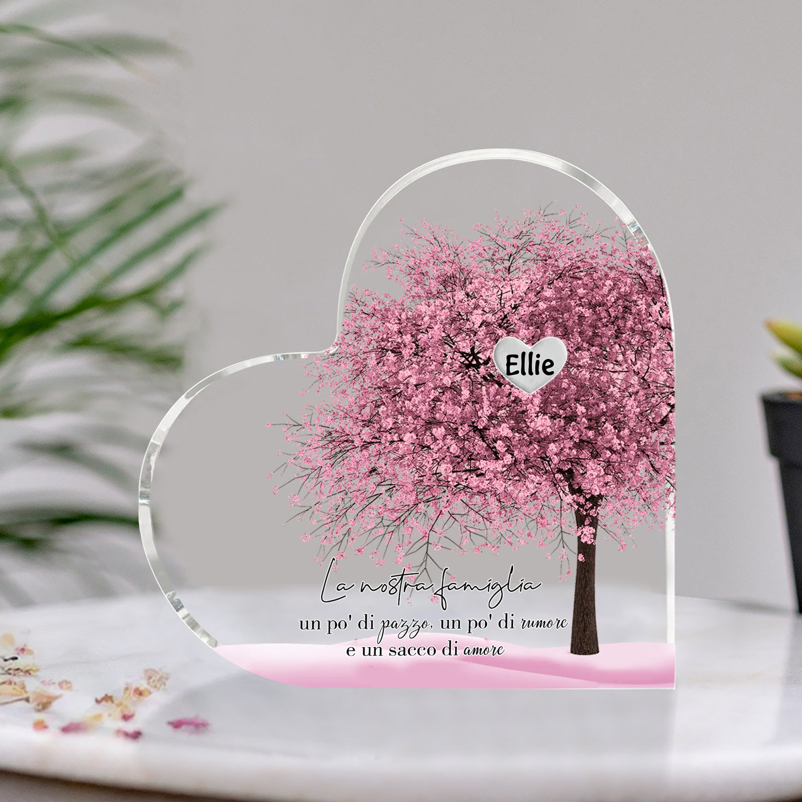 La Nostra Famiglia-Decorazione cuore acrilica con albero di cuore rosa con 1 nome personalizzato
