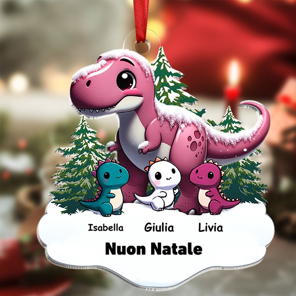 Buon Natale-Portachiavi/Pendente acrilico con dinosauro e nomi personalizzati regalo per famiglia