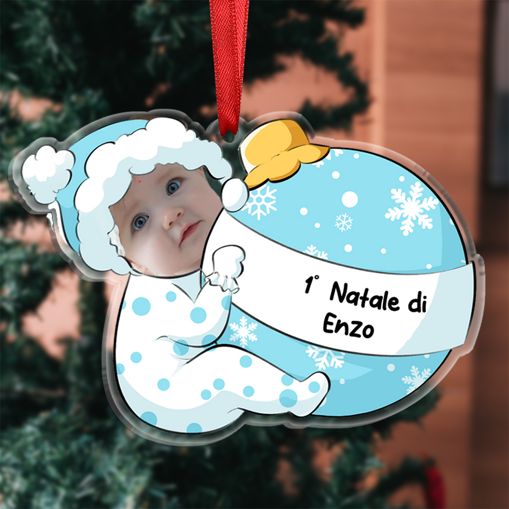 1° Natale-Portachiavi/Pendente acrilico con foto e nome personalizzati regalo per bambini