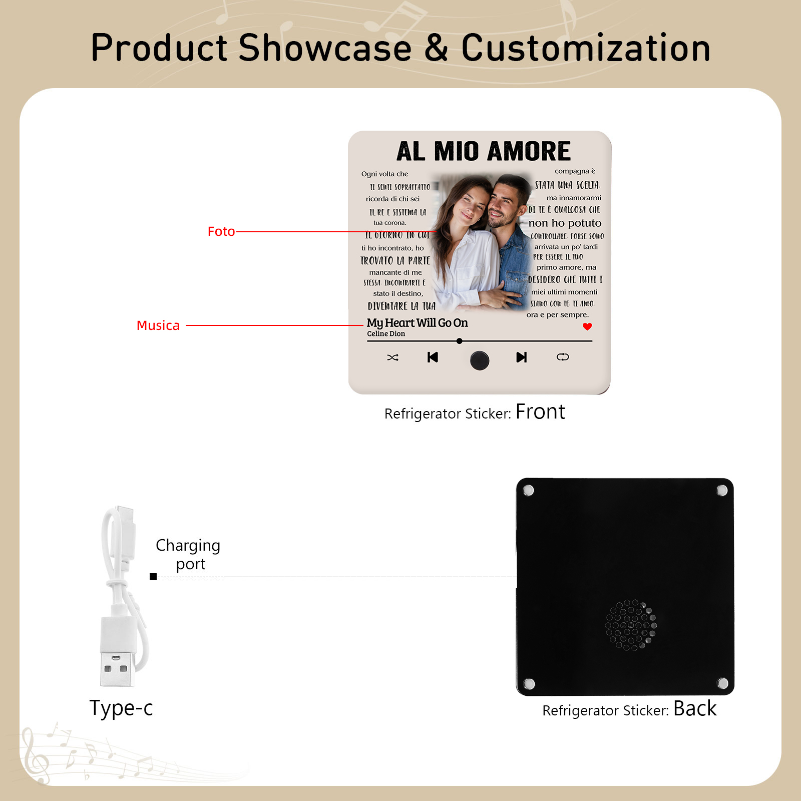 Magnete da Frigorifero Musicale Personalizzato - Con 1 Foto e 1 Canzone, Design "Al Mio Amore" - Regalo di San Valentino per Lei/Lui | Jessemade