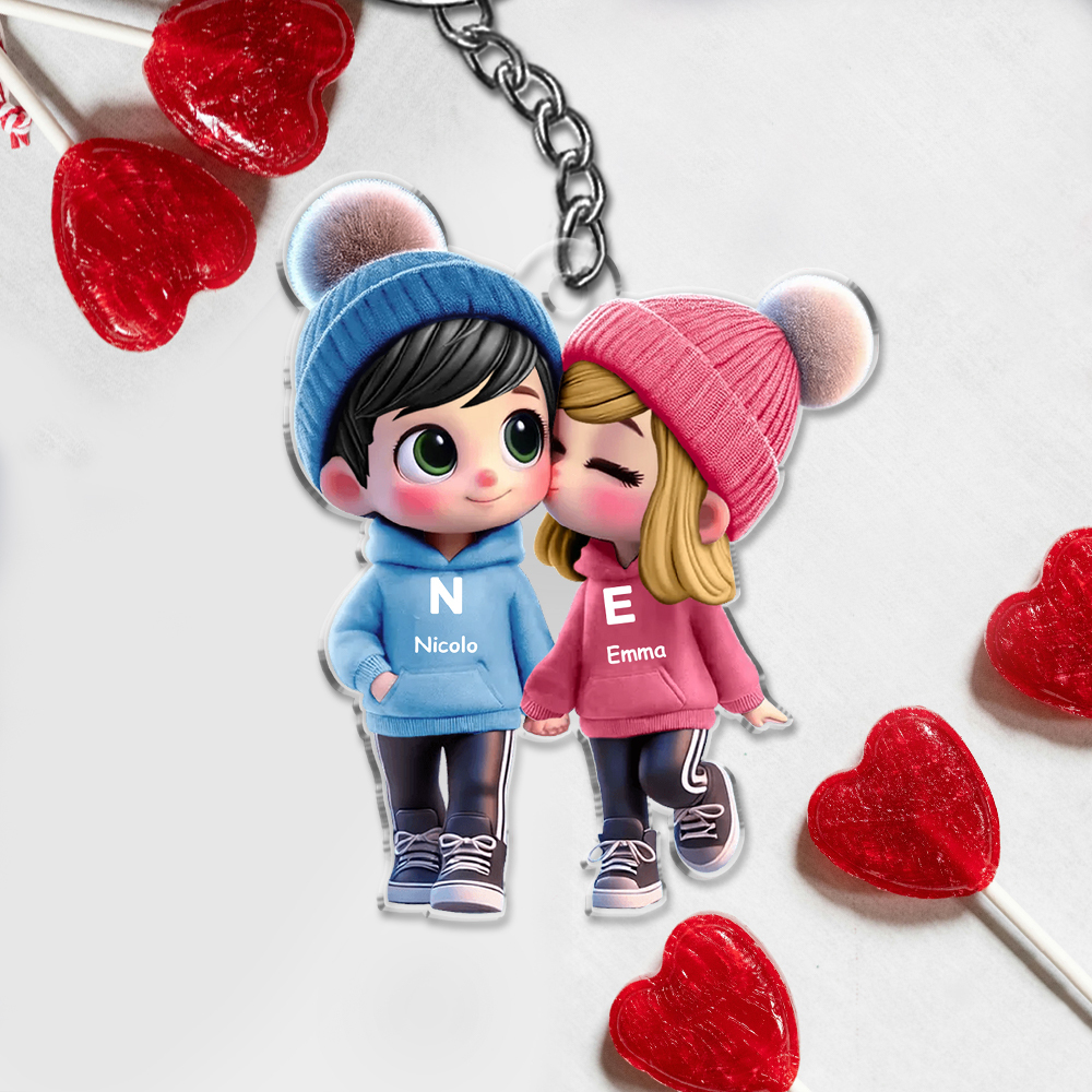 Portachiavi Personalizzato con Coppia Cartoon, 2 Nomi, Iniziali e Personaggi - Regalo di San Valentino per Lei/Lui | Jessemade
