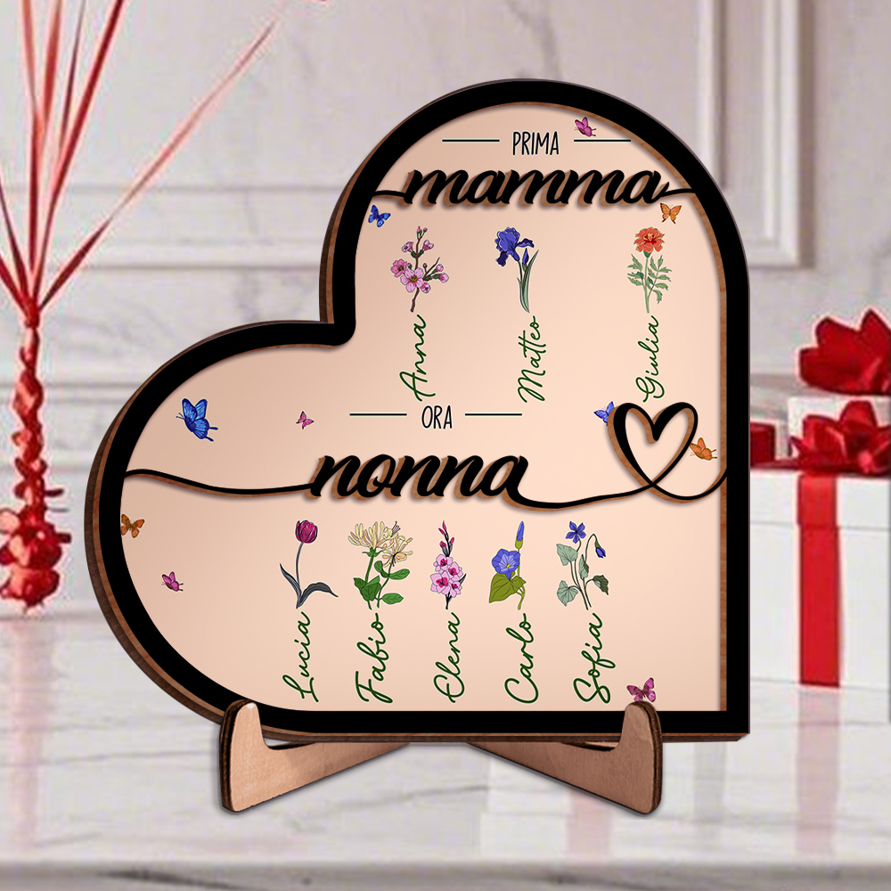 Oggetto decorativo in legno a forma di cuore personalizzabile - Con nome e fiore del mese di nascita - Regalo per la Festa della Mamma
