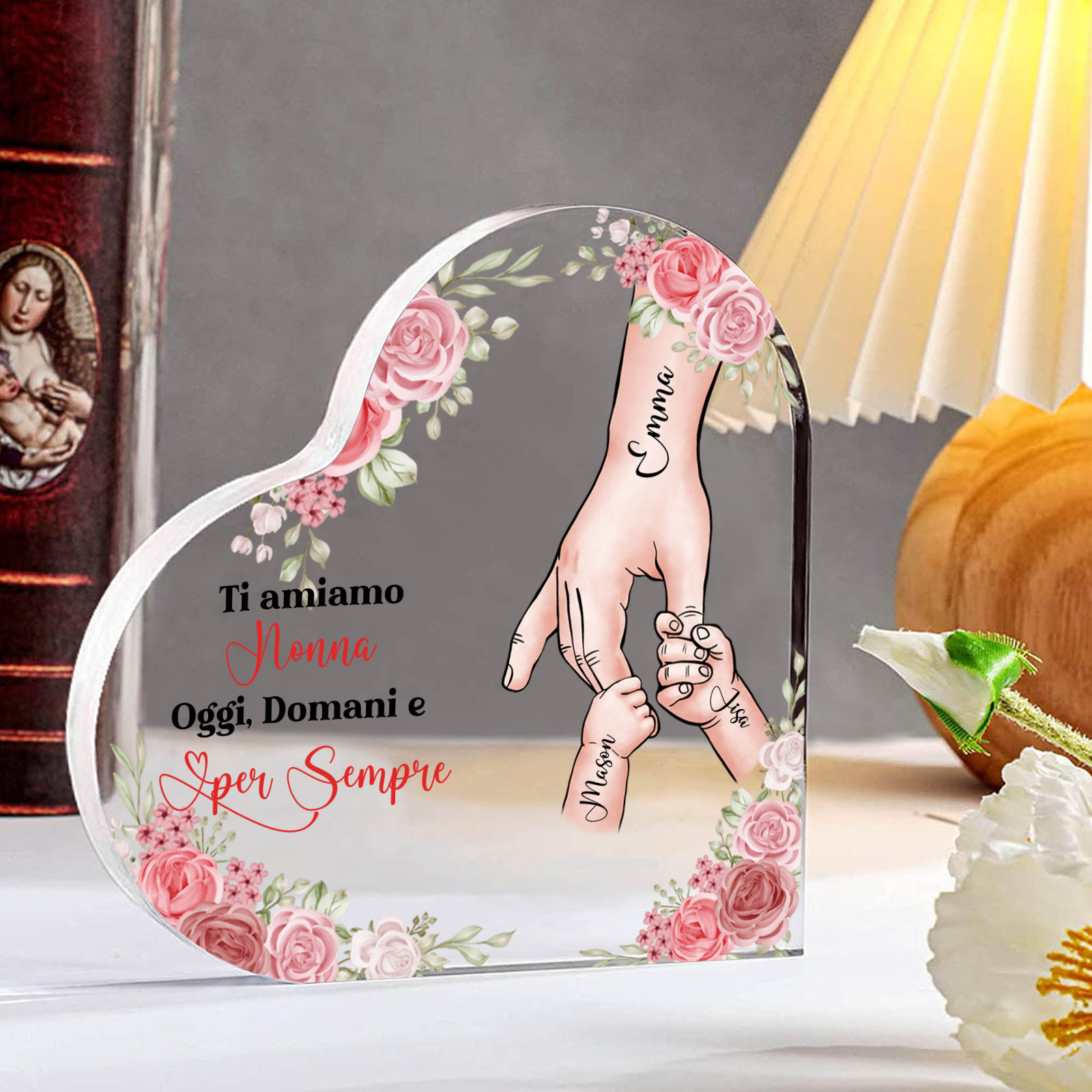 Decorazione Acrilica a Forma di Cuore Mano nella Mano Personalizzata – 3 Nomi e Testo per Nonna o Mamma | Jessemade