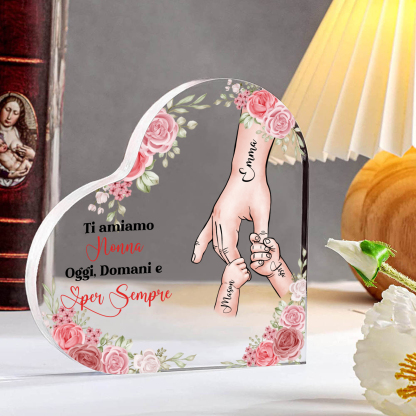 Decorazione Acrilica a Forma di Cuore Mano nella Mano Personalizzata – 3 Nomi e Testo per Nonna o Mamma | Jessemade