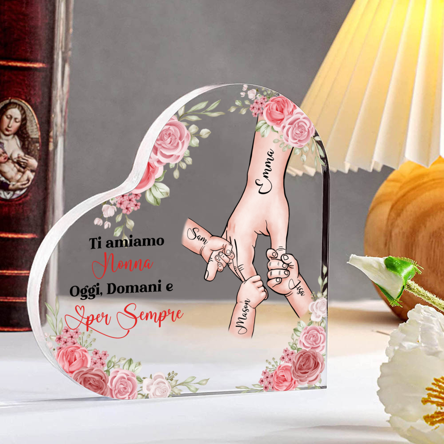 Decorazione Acrilica a Forma di Cuore Mano nella Mano Personalizzata – 4 Nomi e Testo per Nonna o Mamma | Jessemade