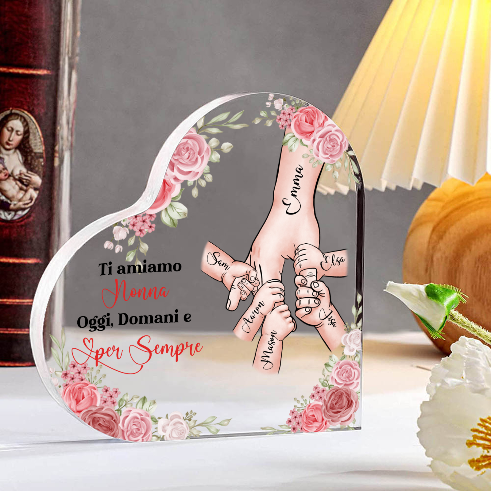 Decorazione Acrilica a Forma di Cuore Mano nella Mano Personalizzata – 6 Nomi e Testo per Nonna o Mamma | Jessemade