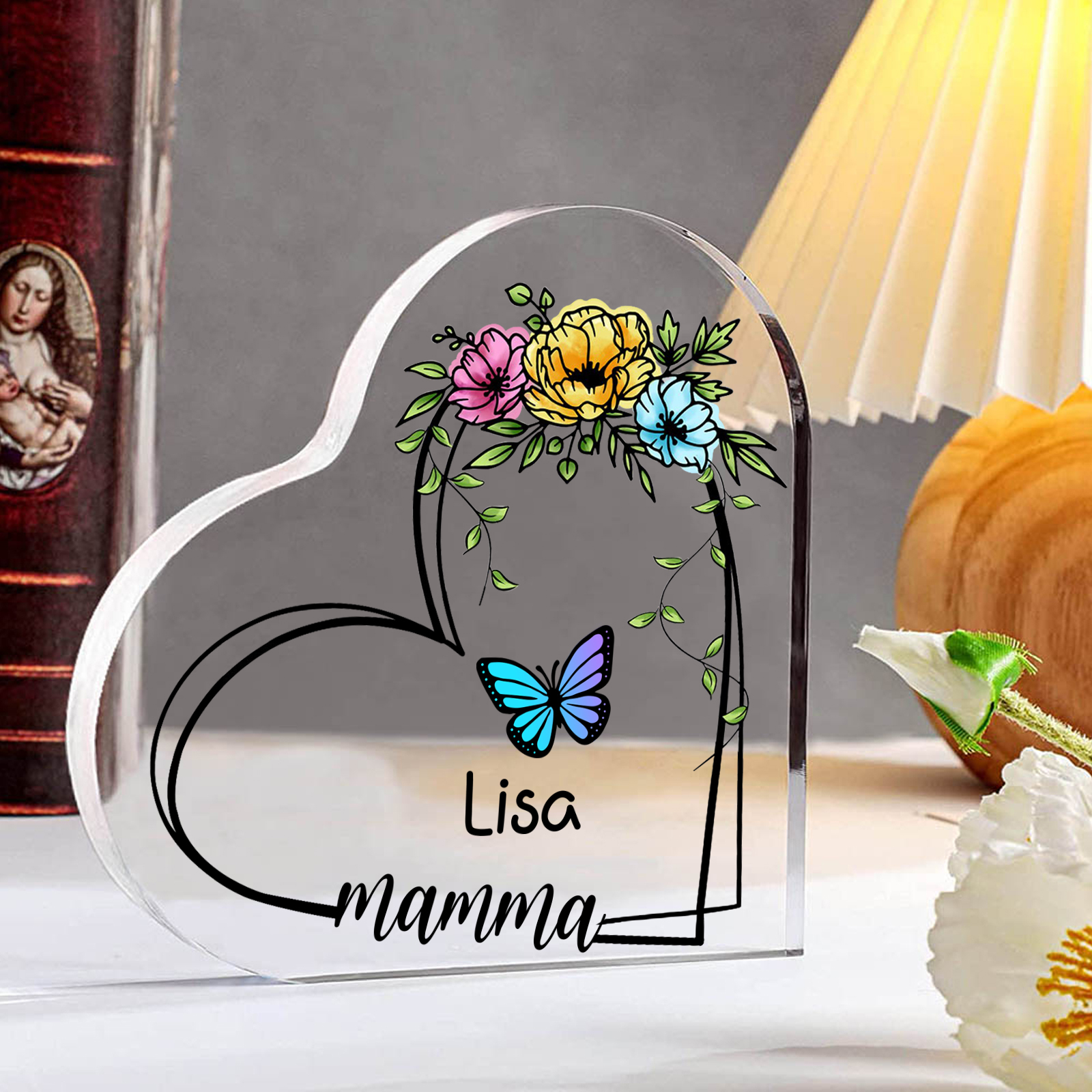 Decorazione Acrilica a Forma di Cuore Personalizzata con Farfalla – 1 Nome e Testo per Nonna o Mamma | Jessemade