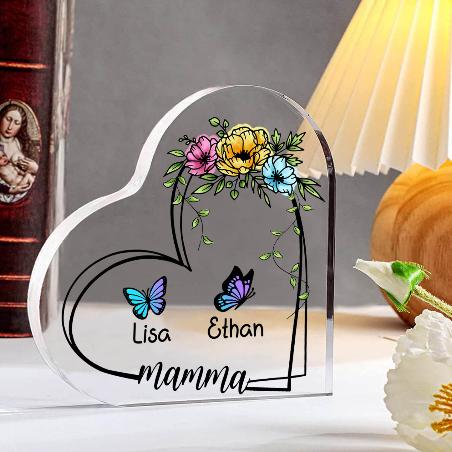 Decorazione Acrilica a Forma di Cuore Personalizzata con Farfalla – 2 Nomi e Testo per Nonna o Mamma | Jessemade