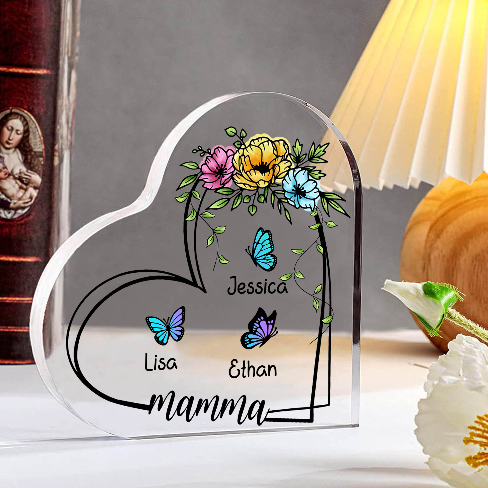 Decorazione Acrilica a Forma di Cuore Personalizzata con Farfalla – 3 Nomi e Testo per Nonna o Mamma | Jessemade