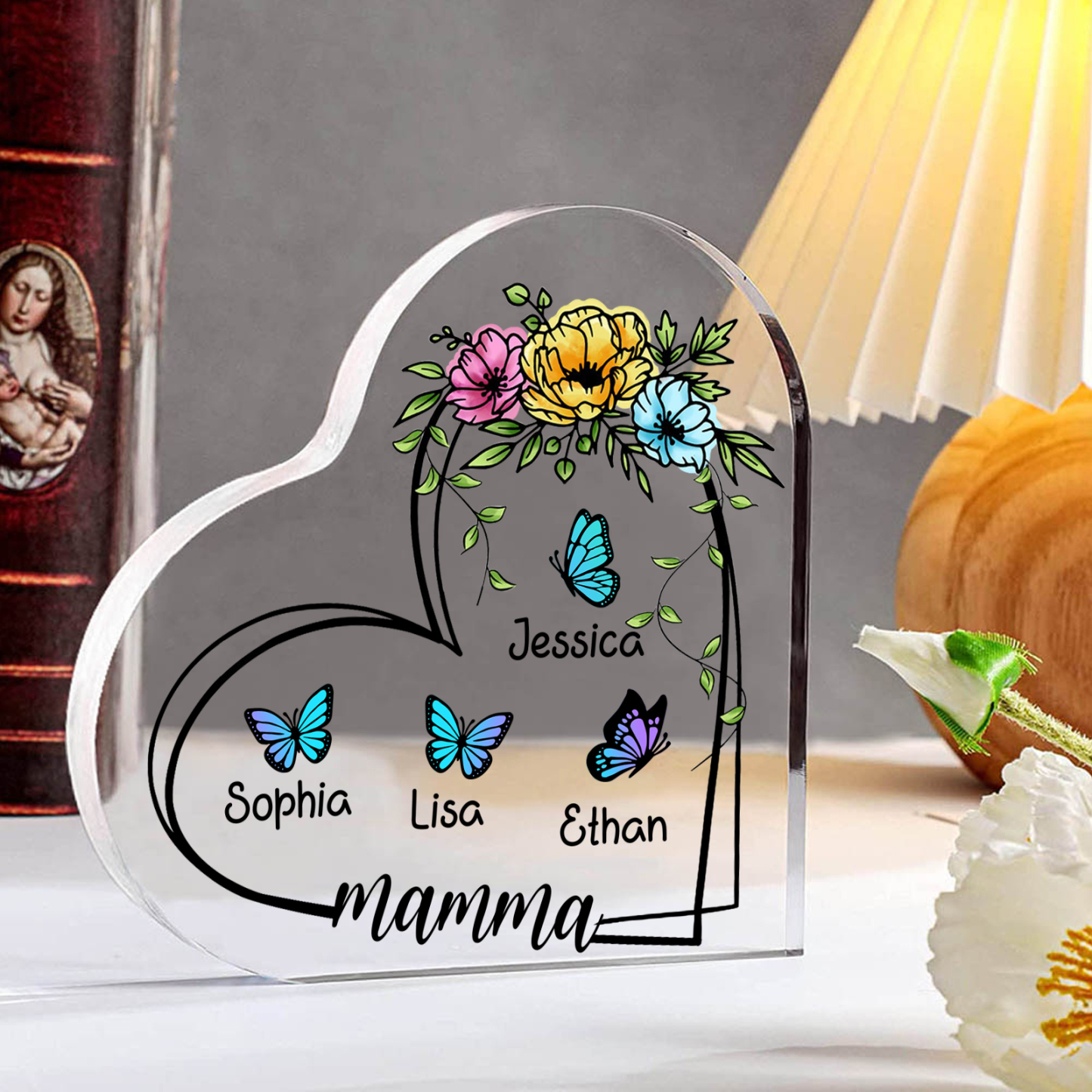Decorazione Acrilica a Forma di Cuore Personalizzata con Farfalla – 4 Nomi e Testo per Nonna o Mamma | Jessemade