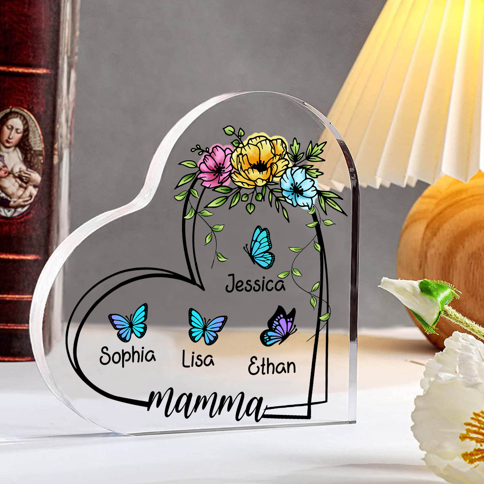 Decorazione Acrilica a Forma di Cuore Personalizzata con Farfalla – 4 Nomi e Testo per Nonna o Mamma | Jessemade