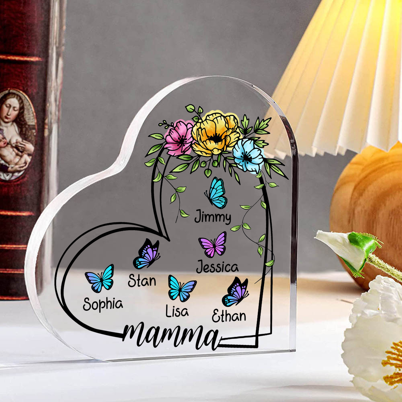 Decorazione Acrilica a Forma di Cuore Personalizzata con Farfalla – 6 Nomi e Testo per Nonna o Mamma | Jessemade