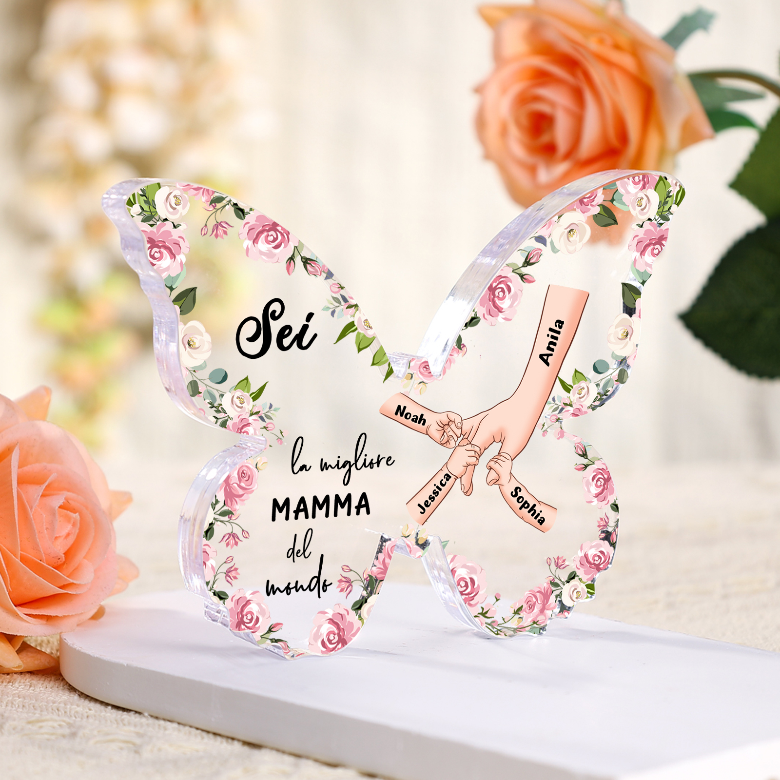 Decorazione Acrilica a Forma di Farfalla Personalizzata – Mano Nella Mano, 4 Nomi e Testo per Nonna o Mamma | Jessemade