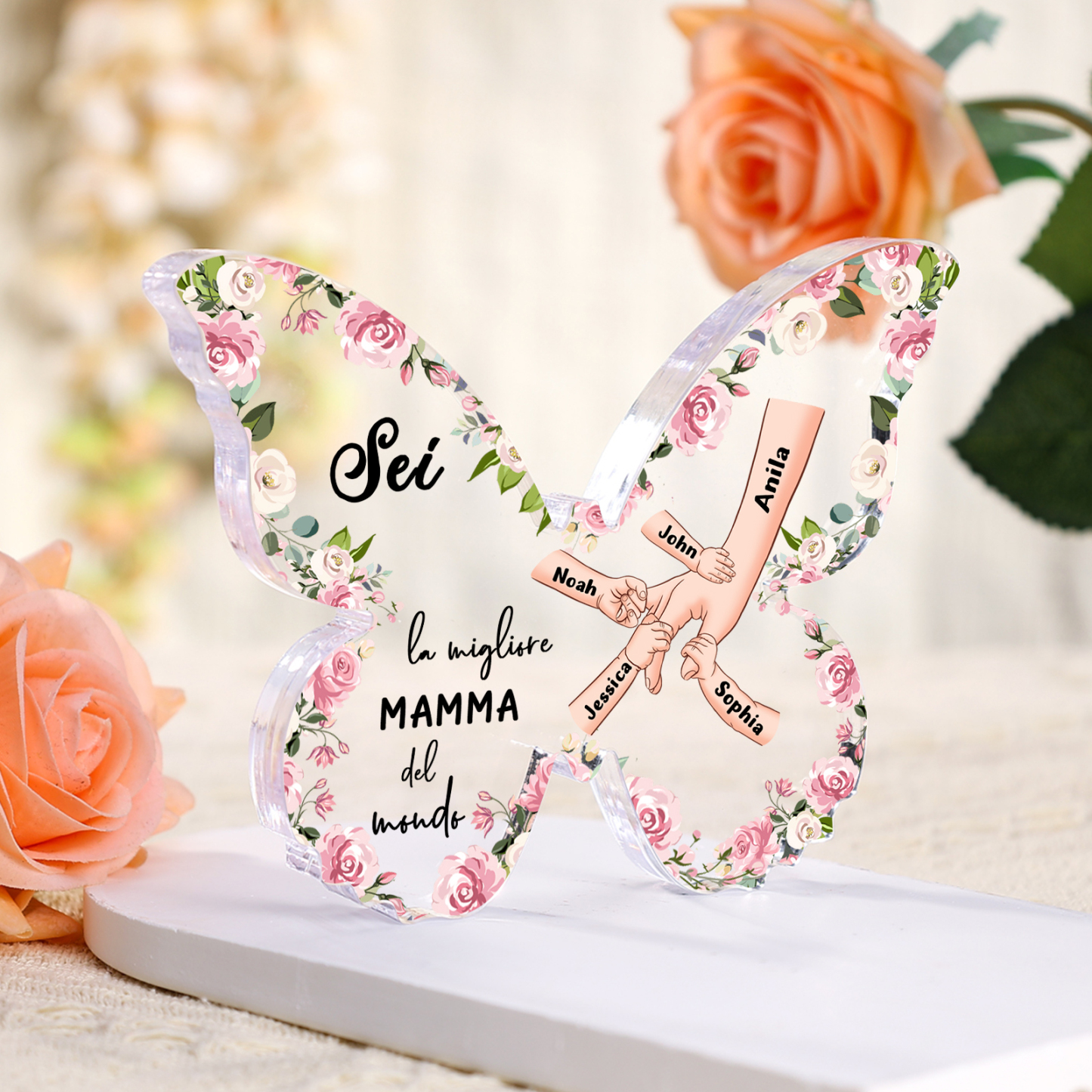 Acrilico a Forma di Farfalla – Decorazione Mano nella Mano, 5 Nomi e Testo per Mamma o Nonna