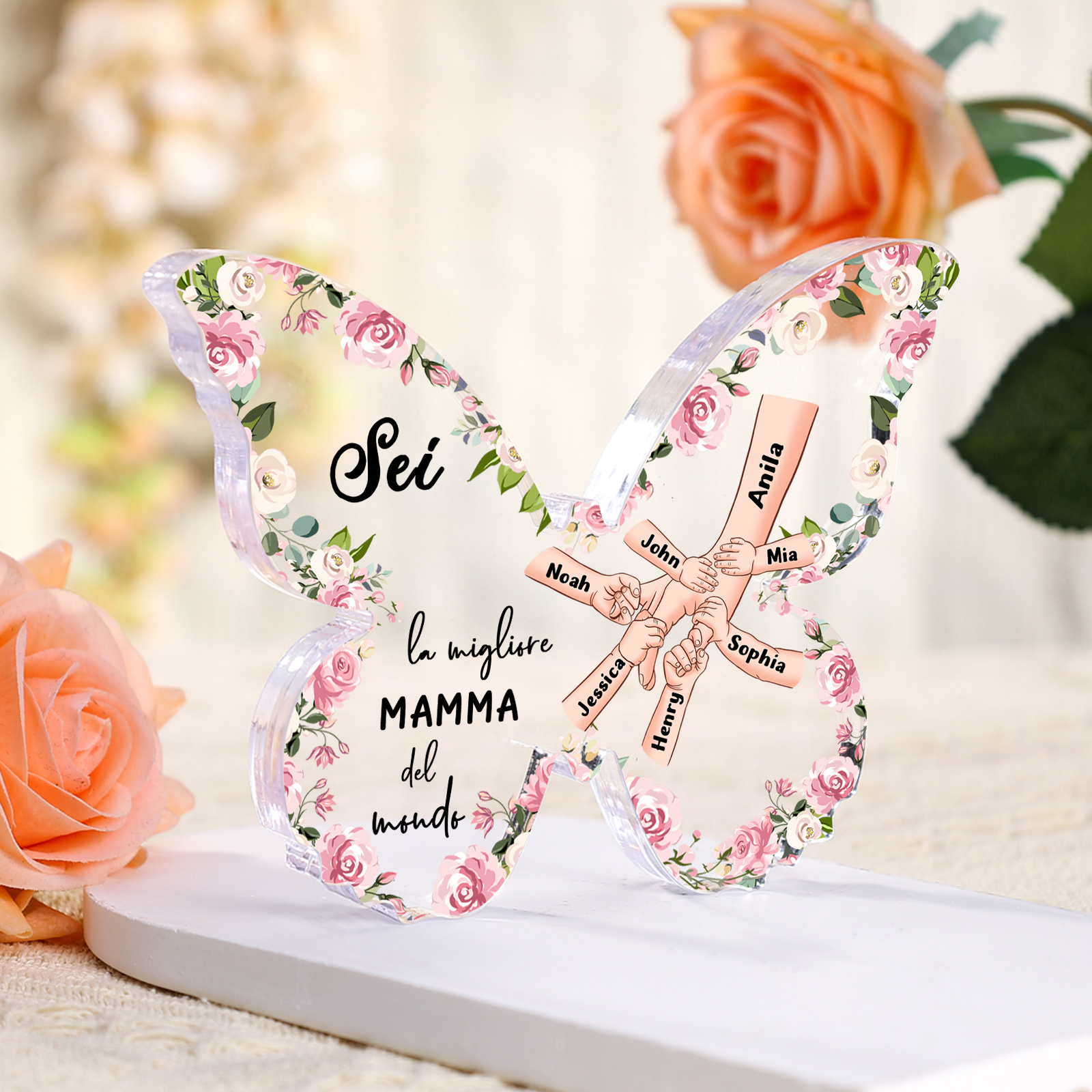 Decorazione Acrilica a Forma di Farfalla Personalizzata – Mano Nella Mano, 7 Nomi e Testo per Nonna o Mamma | Jessemade