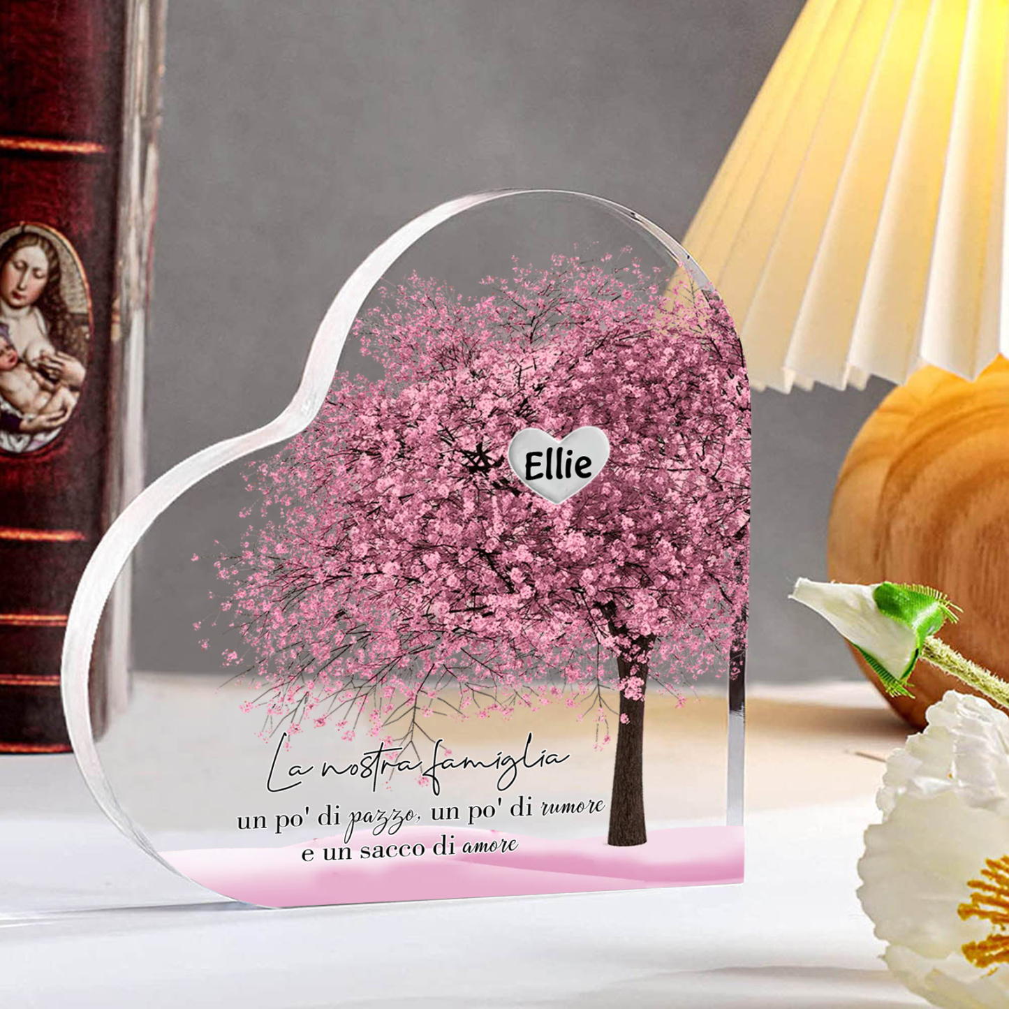 La Nostra Famiglia-Decorazione cuore acrilica con albero di cuore rosa con 1 nome personalizzato