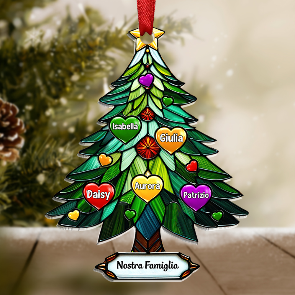 Nostra Famiglia-Portachiavi/Pendente acrilico albero di Natale con cuore e nomi personalizzati regalo per famiglia