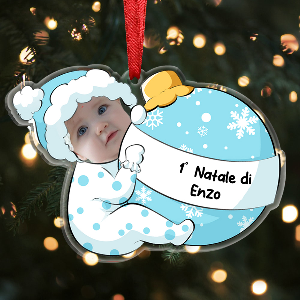 1° Natale-Portachiavi/Pendente acrilico con foto e nome personalizzati regalo per bambini