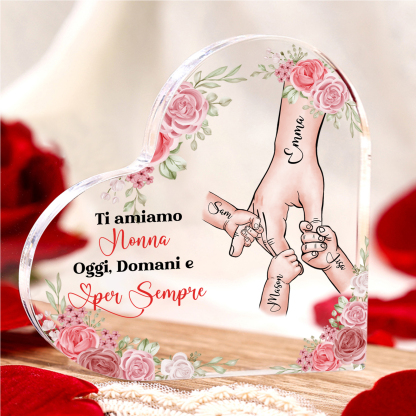 Decorazione Acrilica a Forma di Cuore Personalizzata – 4 Nomi e Testo per Nonna o Mamma
