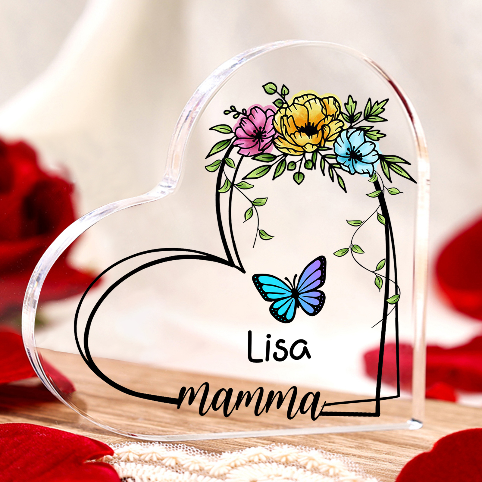 Decorazione Acrilica a Forma di Cuore Personalizzata con Farfalla – 1 Nome e Testo per Nonna o Mamma | Jessemade