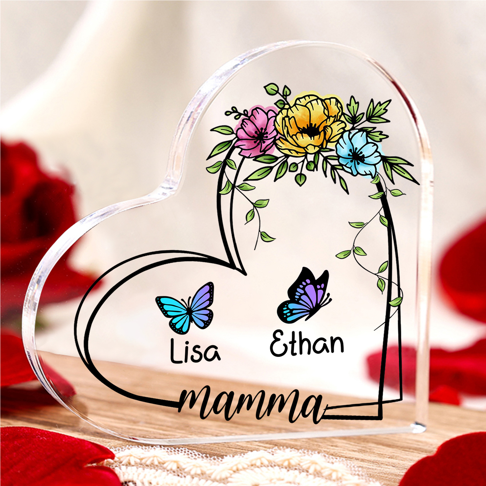 Decorazione Acrilica a Forma di Cuore Personalizzata con Farfalla – 2 Nomi e Testo per Nonna o Mamma | Jessemade