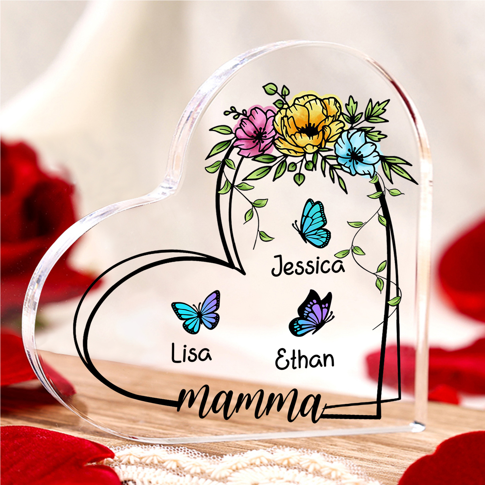 Cuore Acrilico con Farfalle Personalizzato – Decorazione 3 Nomi e Testo per Mamma o Nonna