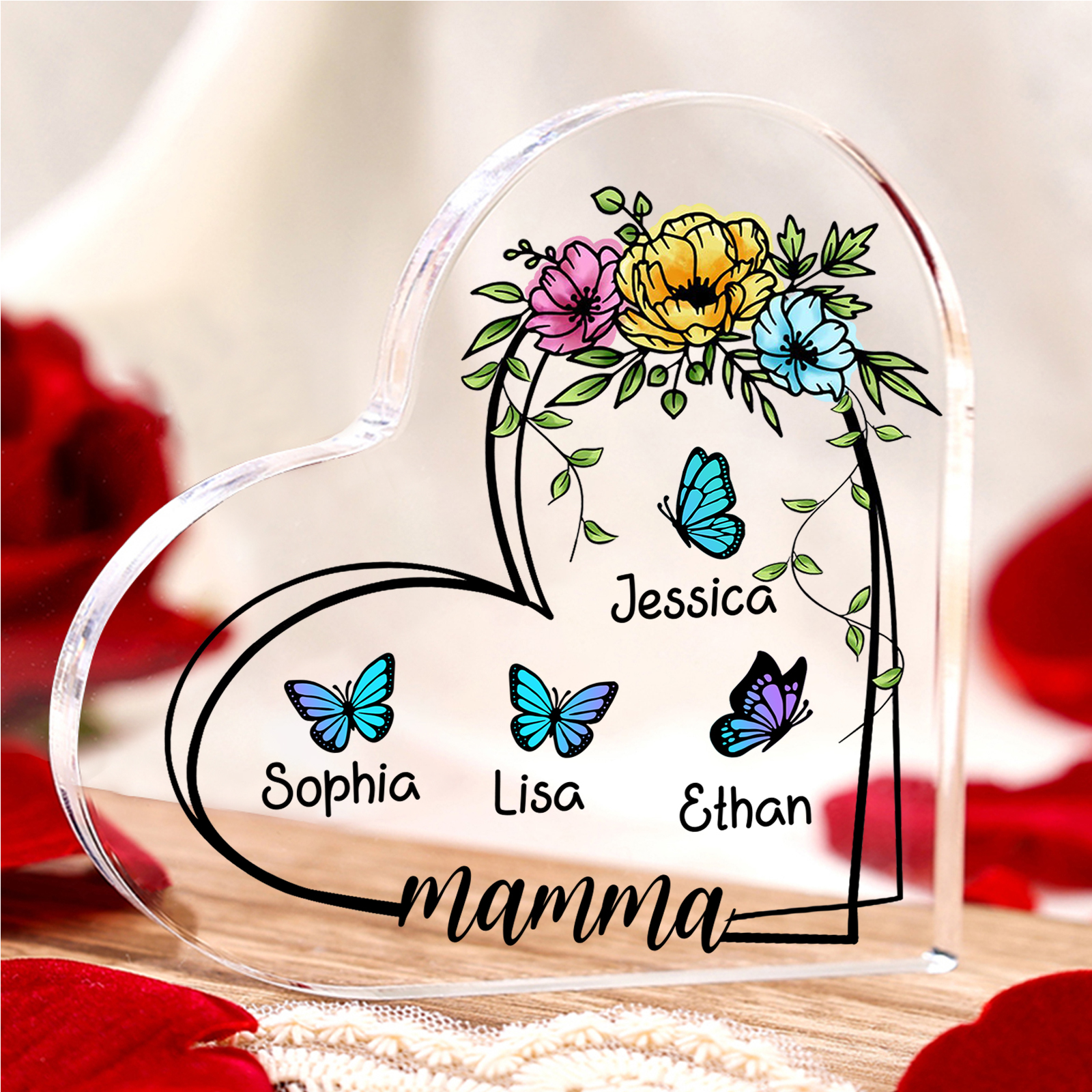 Cuore Acrilico con Farfalle Personalizzato – Decorazione 4 Nomi e Testo per Mamma o Nonna
