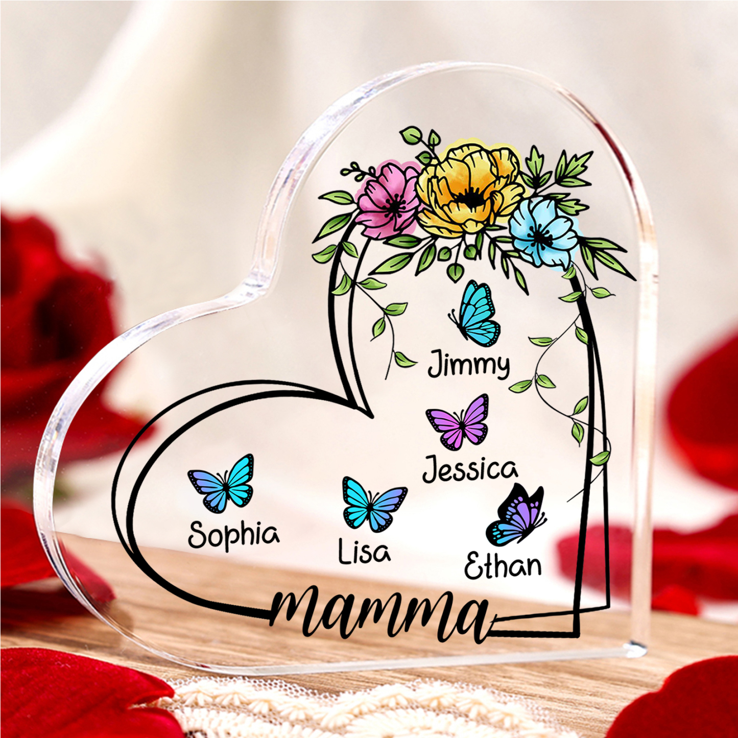 Cuore Acrilico con Farfalle Personalizzato – Decorazione 5 Nomi e Testo per Mamma o Nonna