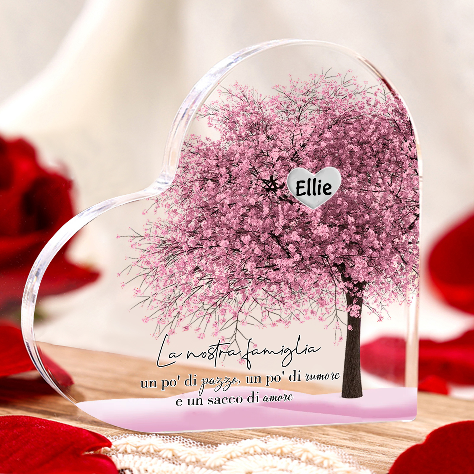 La Nostra Famiglia-Decorazione cuore acrilica con albero di cuore rosa con 1 nome personalizzato