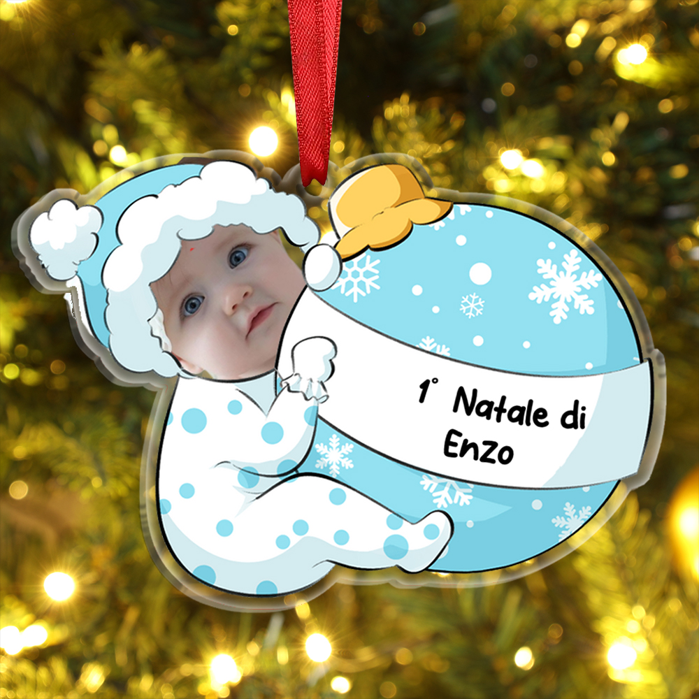 1° Natale-Portachiavi/Pendente acrilico con foto e nome personalizzati regalo per bambini