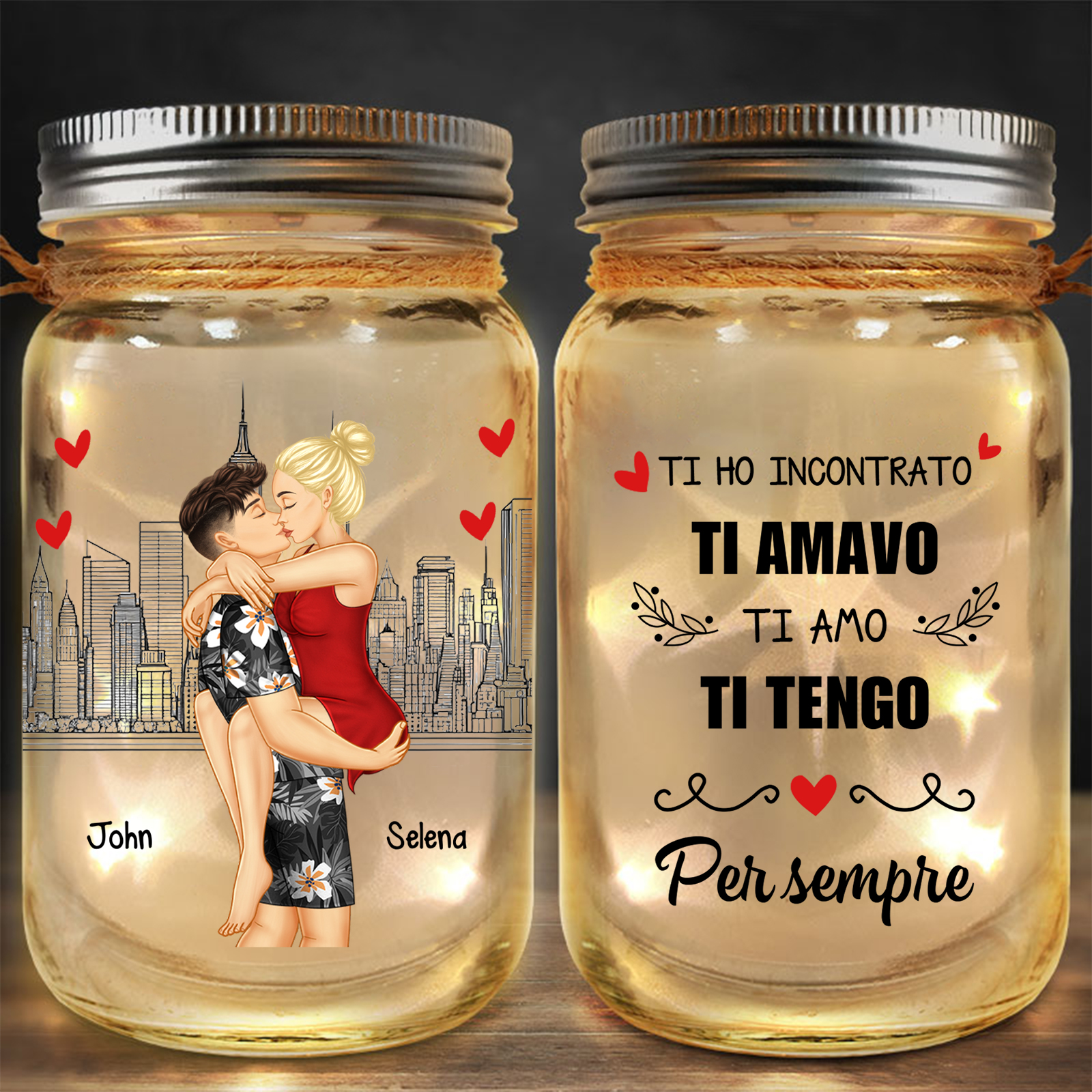 Barattolo Luminosa Personalizzata con Coppia che si Bacia e Nomi - Barattolo di Vetro a LED con Design Unico - Regalo di Natale per Lui o Lei | Jessemade