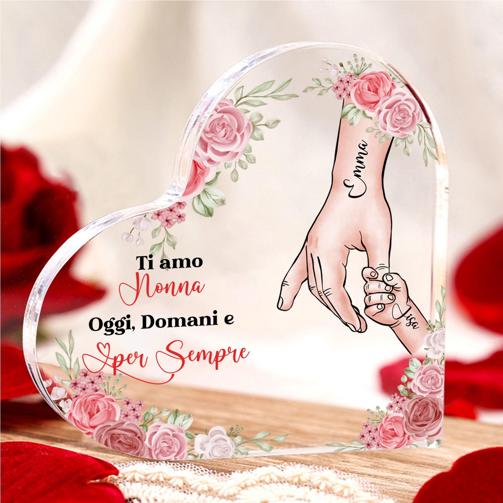 Decorazione Acrilica a Forma di Cuore Mano nella Mano Personalizzata – 2 Nomi e Testo per Nonna o Mamma | Jessemade