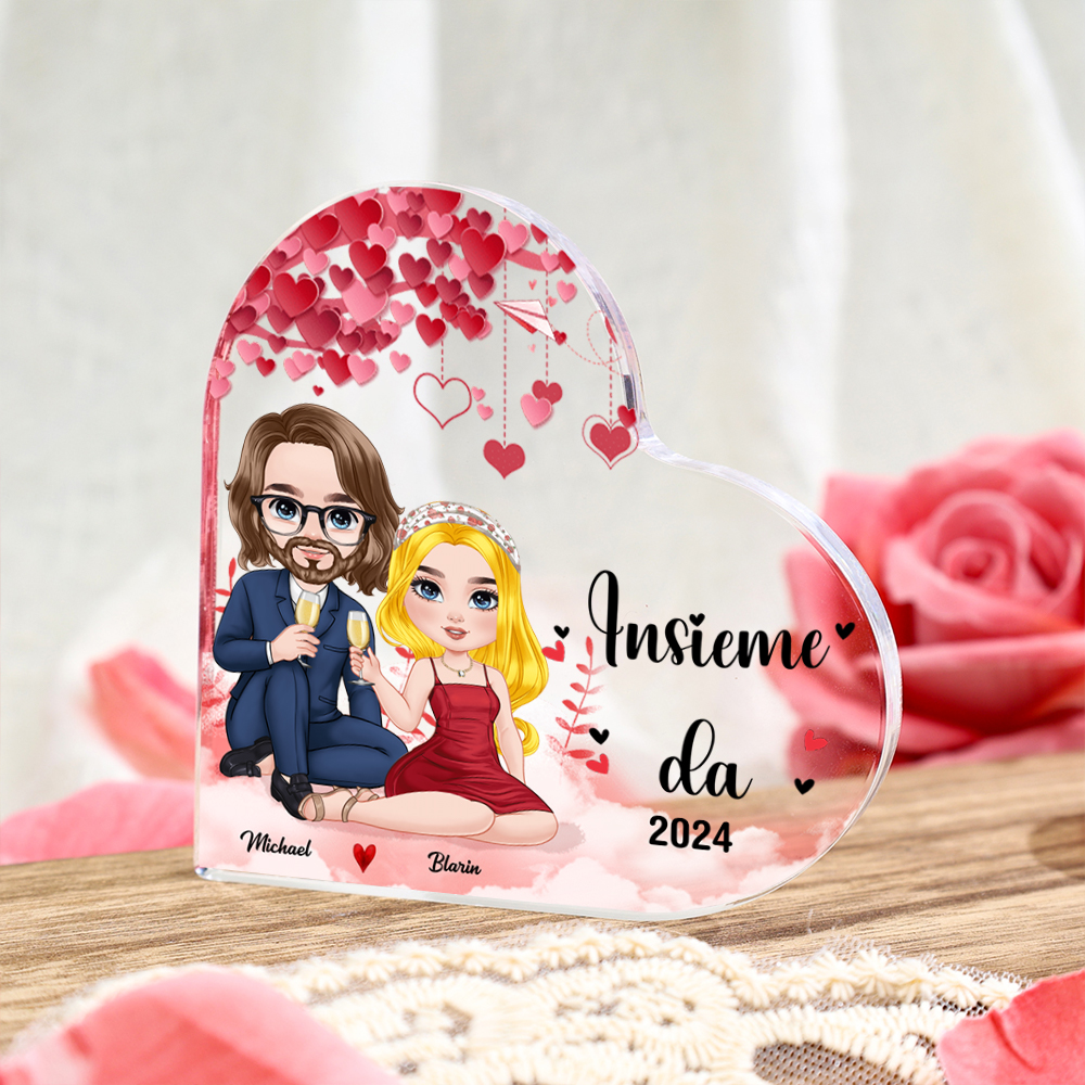 Ornamento Acrilico a Forma di Cuore Personalizzato con 2 Figure e Nomi